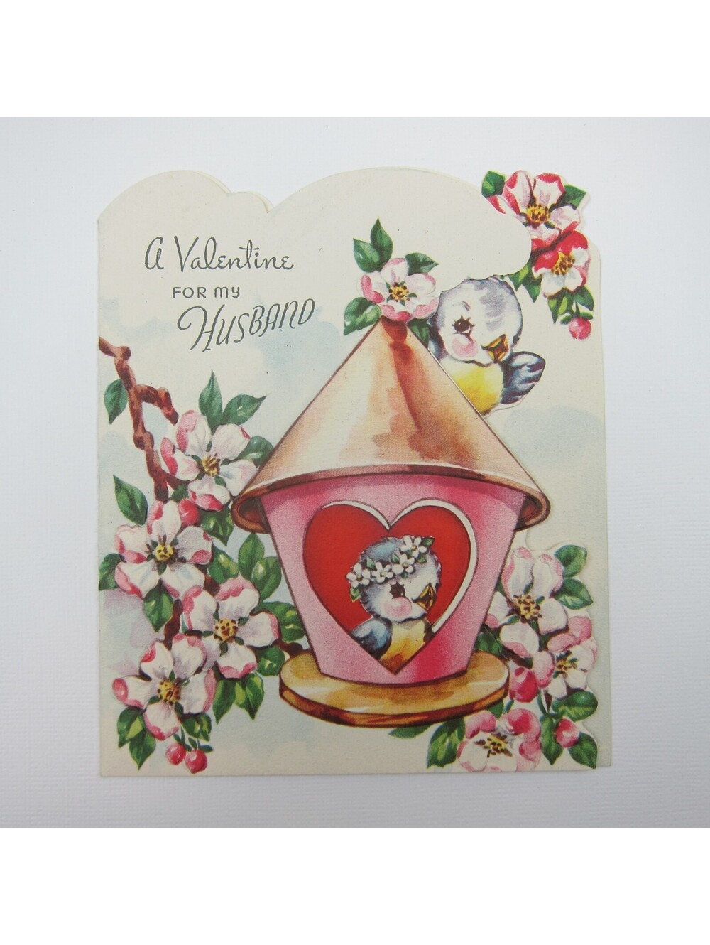 Vintage Valentine For Husband Fold Out Blue Birds Birdhouse Cherry Blossom Tree